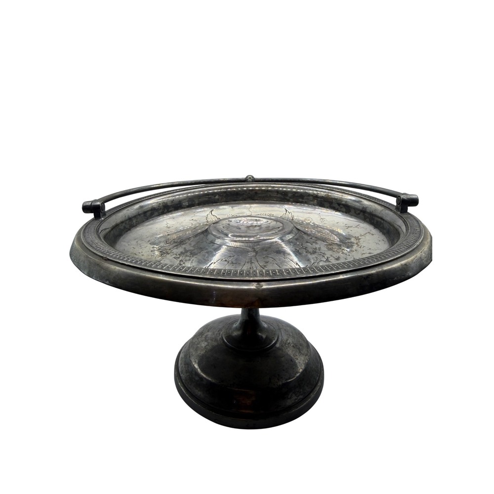 Antique Silver Plated Pedestal Cake Stand Engraved Strawberry Motif Swing Handle